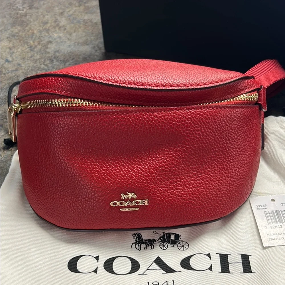 Coach Red Pebbled Leather Crossbody Belt Bag with Matching Card Case
